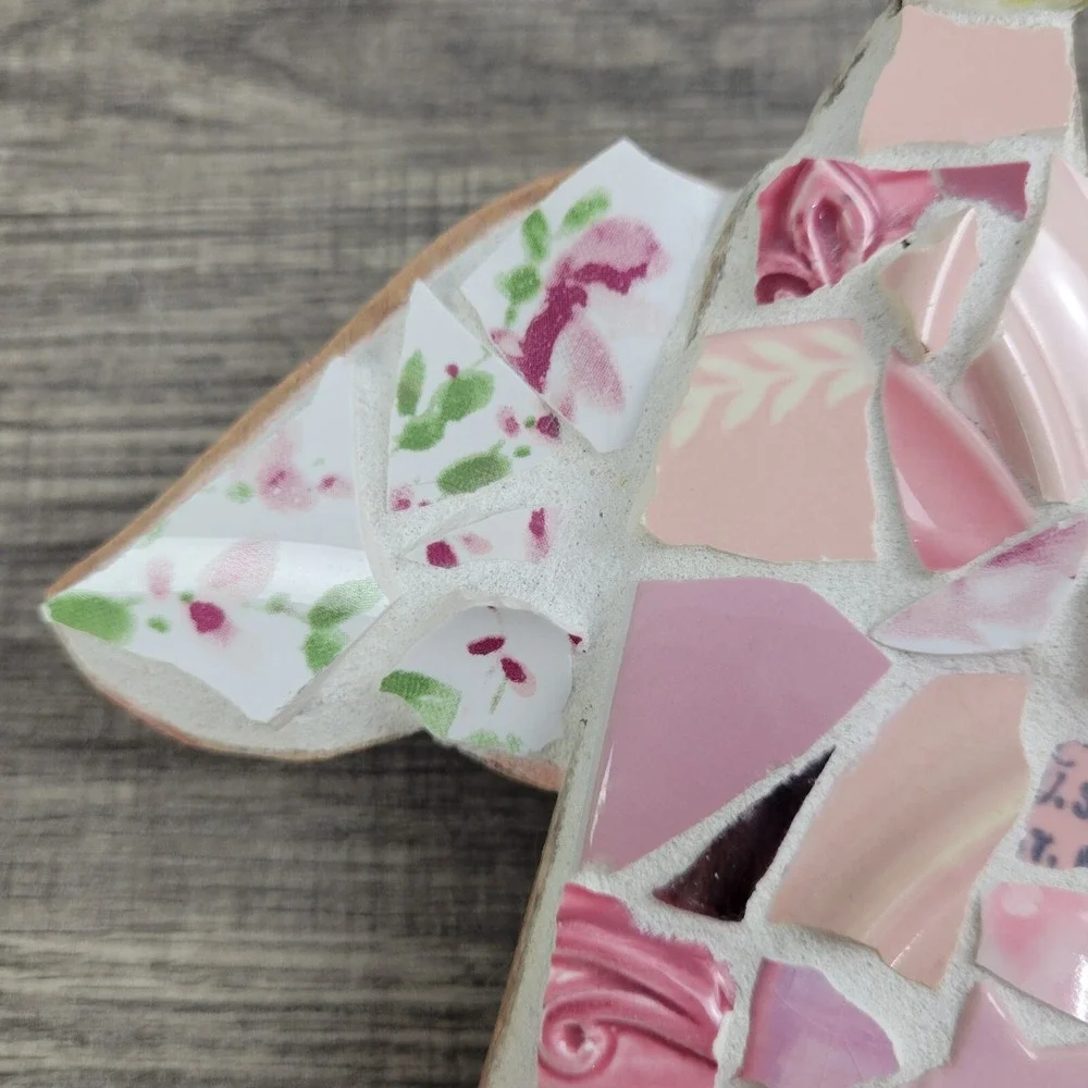 Mosaic Angel Wall Decor Pink‎ Floral Plate Shards Art Handmade Ornament